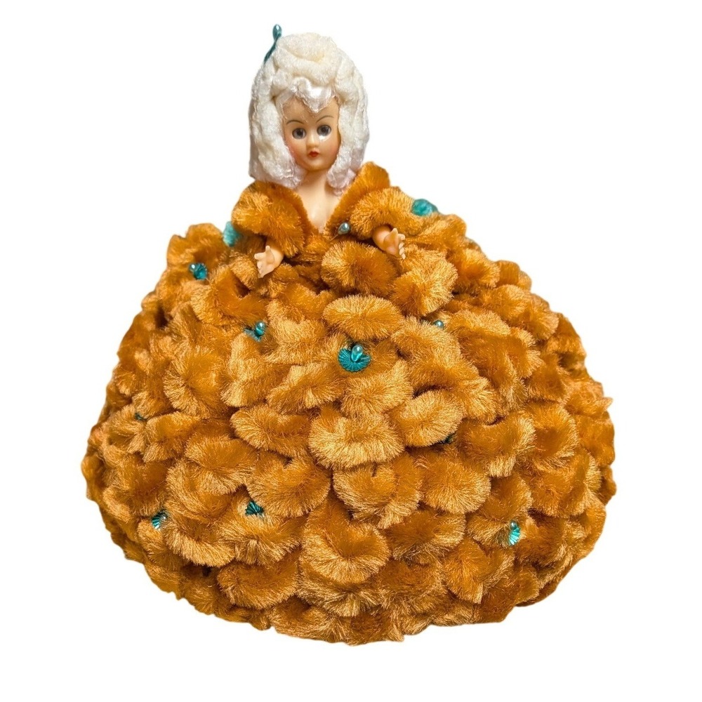 VTG Loopy Chenille Doll‎ Kitsch Boudoir 60s Gold Teal Décor Mid Century Coquette
